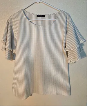 Mikarose Women’s Striped Tiered Flutter Sleeve Top Pom Pom Trim Ivory Tan Size S thumbnail 1