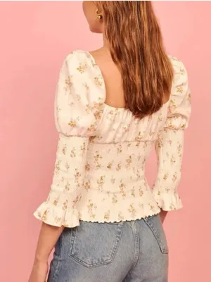 Reformation Linen Floral Smocked Puff Sleeve Top Cream Sweetheart Neck thumbnail 9