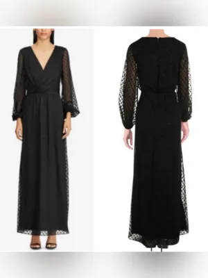 Lauren‎ Ralph Lauren Women 10 Rosaleen Polka-Dot Maxi Dress Black V-Neck FLAW thumbnail 2