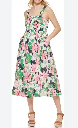 Tommy Hilfiger Isla Floral Sleeveless Midi Dress Size 6 Ivory Bloom Smocked thumbnail 1