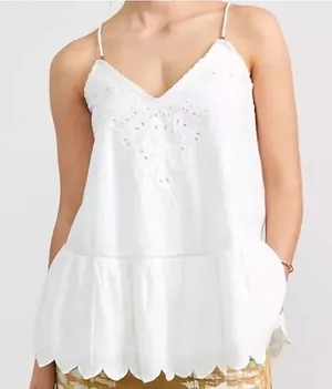 Anthro Let Me Be White Eyelet‎ Embroidered Peplum Cami Top Boho Cotton Sz 6 thumbnail 1
