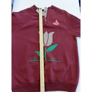 VTG Healthknit‎ Flowers Floral Collar Grandma Burgundy Sweatshirt Womens L thumbnail 6