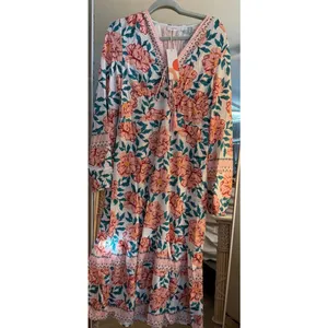 NEW Floral V Neck Flowy Tassel Maxi Long Puff Sleeves Casual Dress M 8/10 thumbnail 4