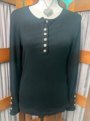 Amazon Women's Black Long-Sleeve Henley Top with Button Placket thumbnail 1