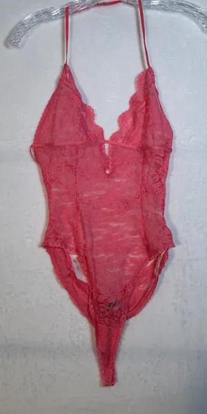 In Bloom by Jonquil Pink Lace Halter Teddy Bodysuit Thong Medium Valentines Day‎ thumbnail 1