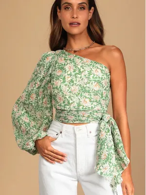Lulu's Green Floral One-Shoulder Pleated Chiffon Crop Top thumbnail 1