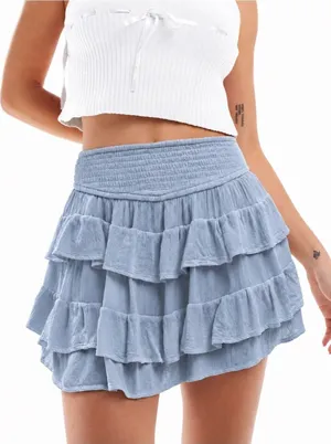 Hollister Tiered Ruffle Mini Skirt Blue Gray Medium Smocked Waist Boho Coquette thumbnail 1