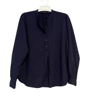 Uniqlo Rayon Striped Relaxed Long-Sleeve Blouse in Navy Pinstripe Size Small thumbnail 1