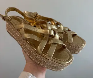 Prada Strappy Gold Leather Platform Espadrilles‎ Size 37.5 thumbnail 1