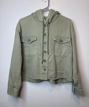 American Eagle Olive Utility Hooded Cropped Button Front Shacket Jacket Size M thumbnail 1