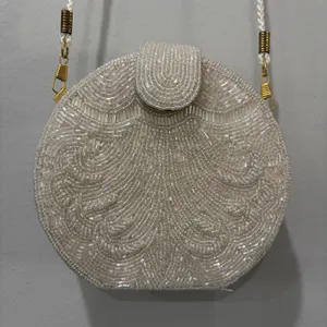 vintage white beaded‎ round Shape Structured purse Gold Hardware Formal Fancy thumbnail 3