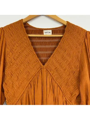 Peach Love California Boho Western Smocked Mini Dress Rust Orange Size S thumbnail 4