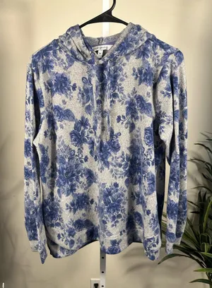N275. Emily Daniels Floral Fantasy Hoodie in Gray and Blue size M thumbnail 1