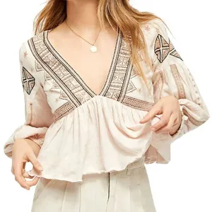 FREE PEOPLE Aria Embroidered Top Babydoll Peasant Balloon Sleeve Natural Linen S thumbnail 1