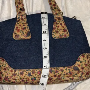 Blue Denim Handbag With Floral Corklike Design On Bottom & Handles Red Interior thumbnail 10