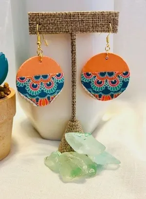 Boho Mandala Wood Fabric Drop Earrings Orange Teal Round Geometric Dangle thumbnail 1