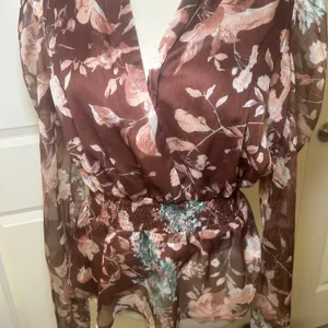 On Twelfth Brown Floral Smocked Peplum Top Long Sleeve V-Neck Large cottage boho thumbnail 3