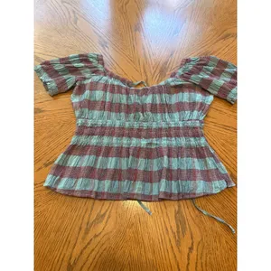 Free‎ People Turquoise Burgundy Plaid Smocked Off Shoulder Peplum Top XS thumbnail 4