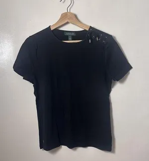 Lauren Ralph Lauren Shirt Womens Medium Black Logo Cotton Short Sleeve Lace Up thumbnail 1