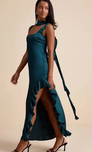 Lulu's Teal Ruffle-Trim Maxi Dress with Long Scarf Tie thumbnail 1