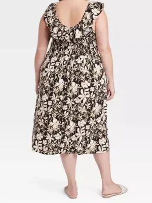 Ava & Viv Linen Blend Ruffle Top Black and Tan Floral Dress Size XXL thumbnail 2
