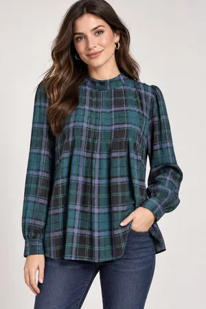 Ann Taylor Green Plaid Mock Neck Pintuck Blouse Long Sleeve Large thumbnail 1