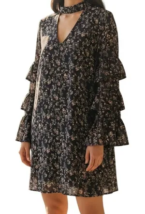 LE LIS Navy‎ Floral Long Sleeve Tiered Ruffle Trim Mini Shift Dress NWOT Large thumbnail 1