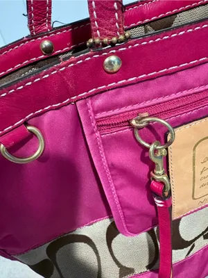 Vintage Coach Reversible Stripe Tote Bag Khaki Pink Canvas with Leather Trim thumbnail 6