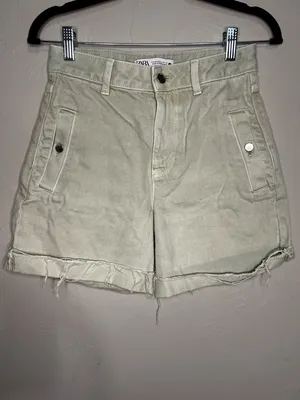 Zara‎ Ultra High-Rise Light Green Utility Denim Shorts thumbnail 3