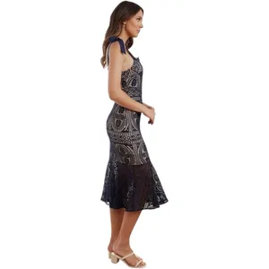 Two Sisters the Label Reneylla‎ Midi Dress Navy Crochet Trumpet Tie Strap Size 4 thumbnail 4