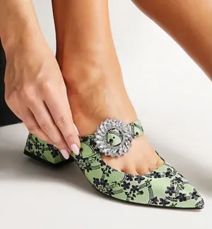 ASOS DESIGN Mules 8 Floral Green Rhinestone Buckle‎ Block Heel Pointed Toe thumbnail 1