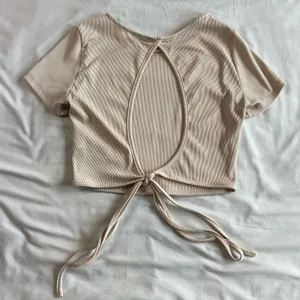 Princess Polly Women's 4 Beige Ribbed Crop Top Open Back Short Sleeve thumbnail 3