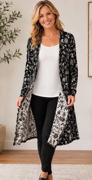 Janina Black White EU‎ 42, US Large Duster Cardigan Open Front Midi Sweater thumbnail 1