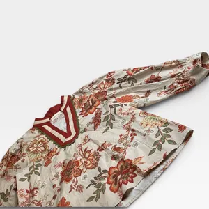 Entro Floral V-Neck Balloon Sleeve Fall Blouse Tan Orange Red Small thumbnail 10