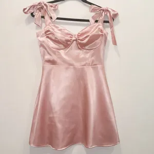 Lucy In The Sky Pink Satin Bow Strap Mini Dress Sweetheart Bustier A line Ruched thumbnail 2