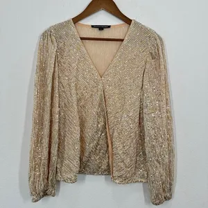 Boston Proper Sequin Wrap Blouse Long Sleeve Metallic Gold‎ Beige New Years Eve thumbnail 4