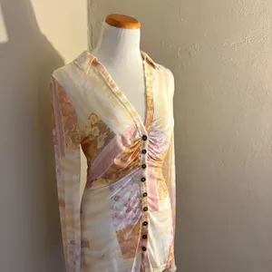 Free People Lucky Shirtee Mesh Floral Ruched Button Front Top Yellow Pink Small thumbnail 3