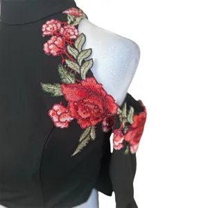 La Femme Black Floral Appliqué Cropped Bell Sleeve Cold Shoulder‎ Top Size 00 thumbnail 5