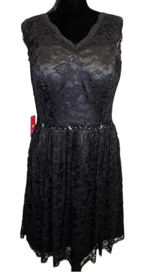 NWT JJs House Black Lace Floral Overlay V-Neck Sleeveless Beaded A-Line Dress 14 thumbnail 1