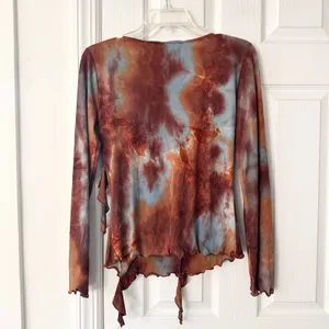 Fashion Bug Blue Brown Tie Dye Frill Goth Core Y2K Boho Ruffle Blouse Small USA thumbnail 7