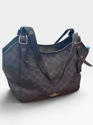 Coach Black Meadow Shoulder Bag in Signature Canvas Dual Straps Brown Interior thumbnail 16