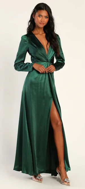 Lulus Endearing Elegance Emerald Green Satin Long Sleeve Maxi Dress Size XL thumbnail 1