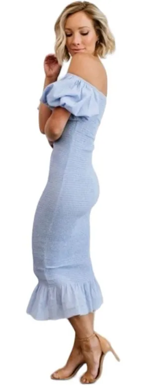 Baltic Born Alana Smocked Midi Dress Blue Off The Shoulder Puff‎ Sz S thumbnail 1