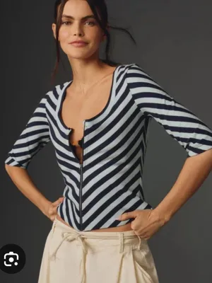 Anthropologie Navy and White Striped Zip-Front Button Down Top Medium thumbnail 1