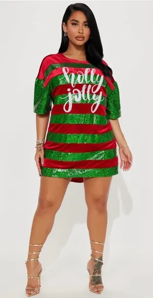 Fantastic Fawn Holly Jolly Striped Sequin Christmas Festive Oversized Top / Dress Red Green thumbnail 1