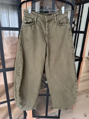 Zara barrel leg jeans pants high rise baggy olive green denim pockets cargo thumbnail 1