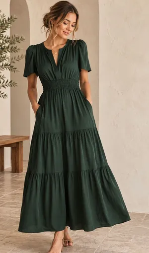 Quince Washable Stretch Silk Tiered Maxi Dress Hunter Green XL Pockets thumbnail 1