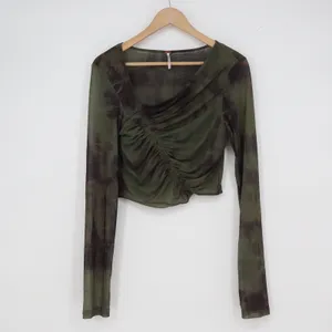 Free People Mesh Ruched Tie Dye Long Sleeve Crop Top Olive Green Black Large thumbnail 2