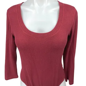 Free People Hi Hon Wine Red Rib Knit Long Sleeve Scoop Neck Thong Bodysuit Top M thumbnail 3