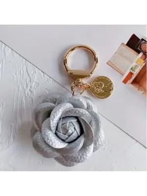 NEW Camellia Rose Bag Charm Keychain | Silver Vegan Leather Floral Charm thumbnail 2
